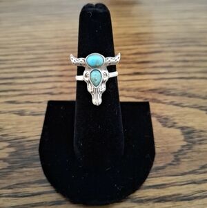 Ring Longhorn Skull with Turquoise Natural Stones Sterling Silver Size 6